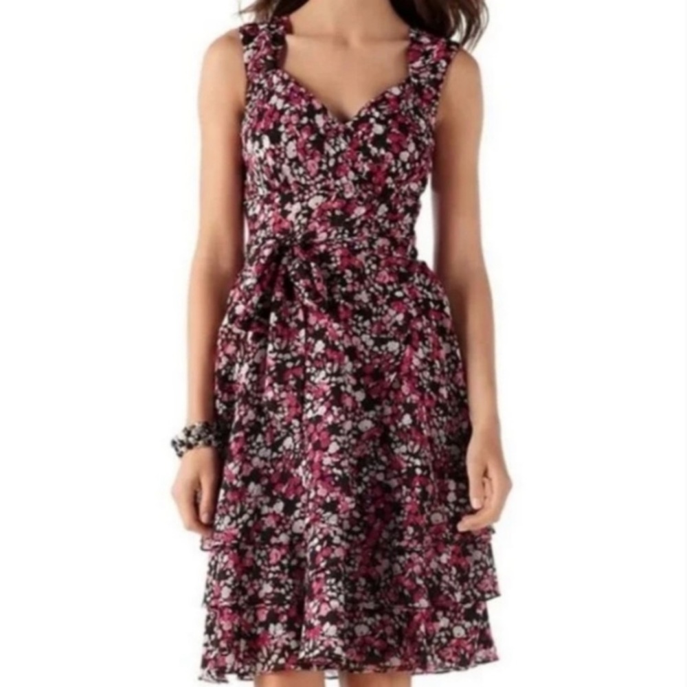 White House Black Market Black and Pink Floral Midi Dress - Picture 2 of 9